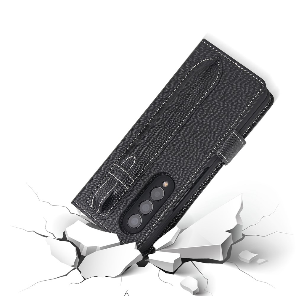 Cross Texture Stand Wallet Genuine Leather Cover Detachable Phone Case with Pen Slot for Samsung Galaxy Z Fold3 5G - Black-7