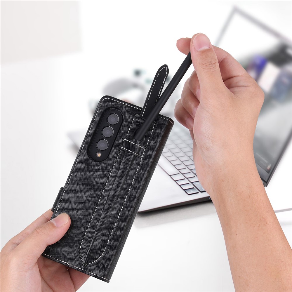 Cross Texture Stand Wallet Genuine Leather Cover Detachable Phone Case with Pen Slot for Samsung Galaxy Z Fold3 5G - Black-8