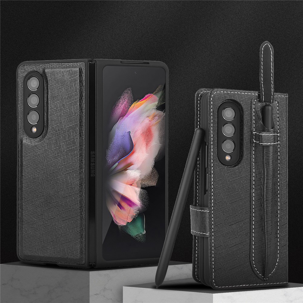 Cross Texture Stand Wallet Genuine Leather Cover Detachable Phone Case with Pen Slot for Samsung Galaxy Z Fold3 5G - Black-9
