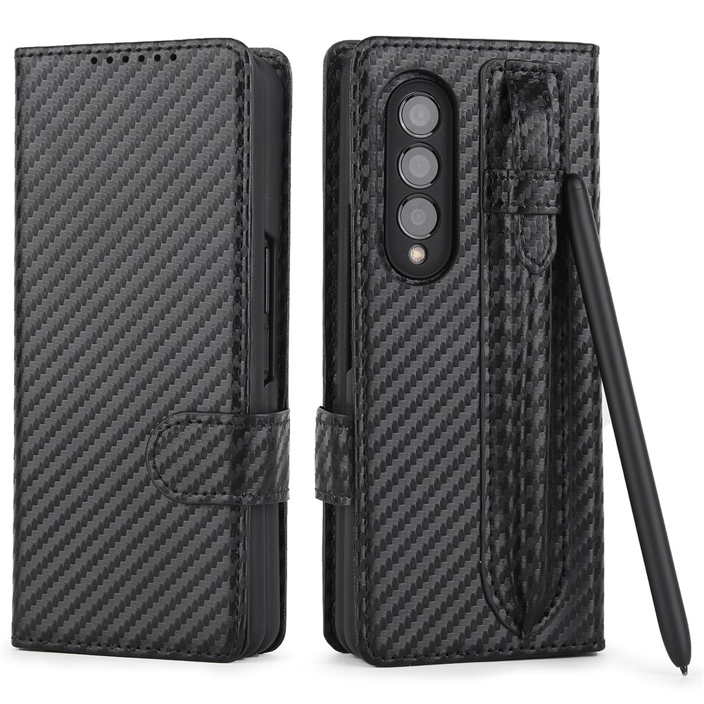 Carbon Fiber Detachable 2-in-1 Design Genuine Leather Stand Wallet Phone Case Cover with Pen Slot for Samsung Galaxy Z Fold3 5G - Black-1