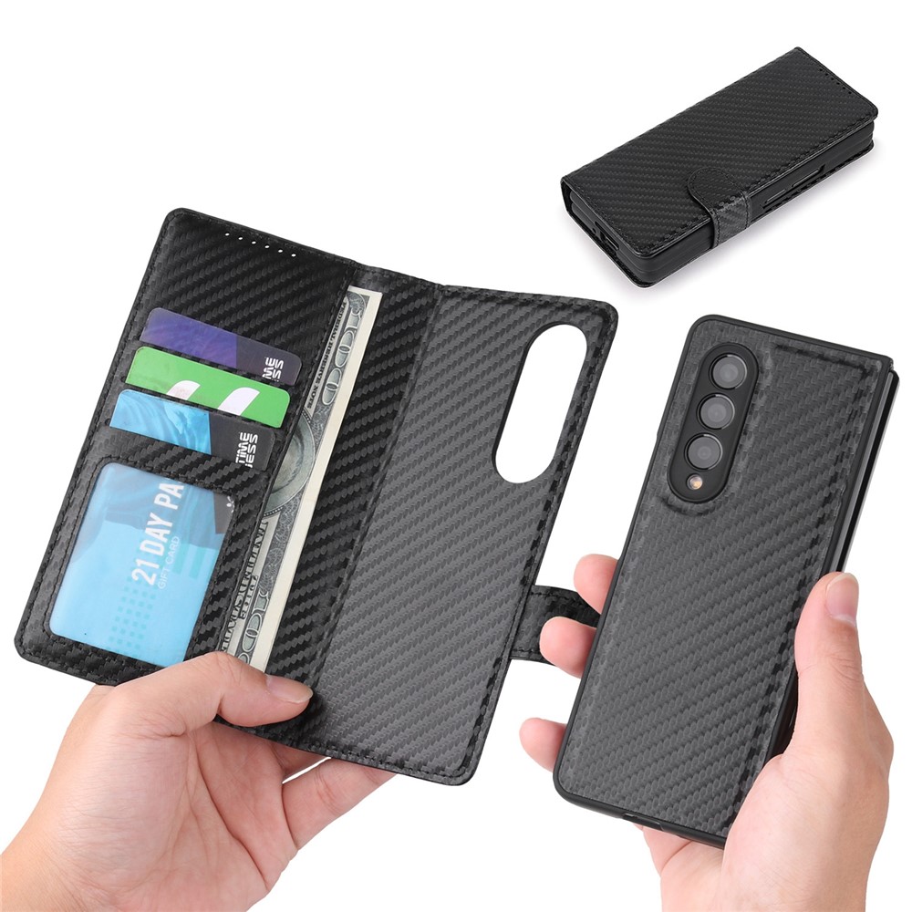 Carbon Fiber Detachable 2-in-1 Design Genuine Leather Stand Wallet Phone Case Cover with Pen Slot for Samsung Galaxy Z Fold3 5G - Black-6