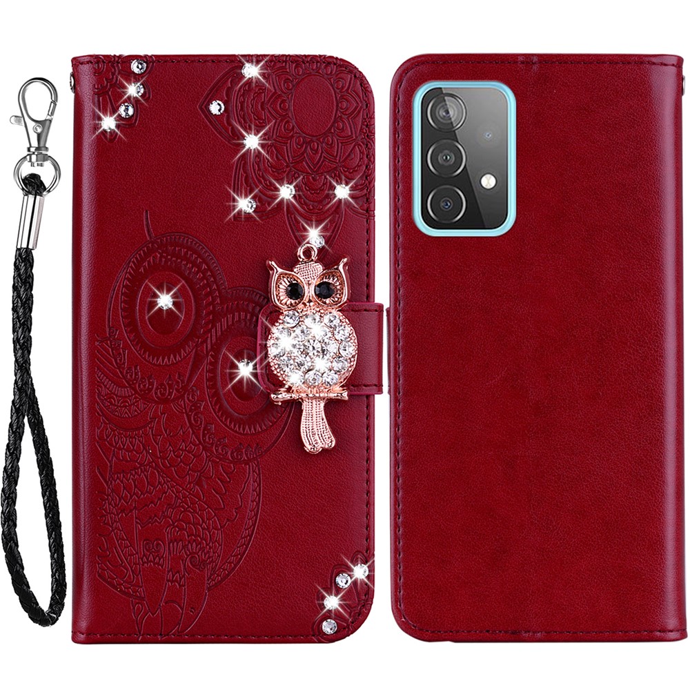 For Samsung Galaxy A53 5G PU Leather Magnetic Clasp Case Rhinestone Decor Wallet Stand Owl Flower Imprinted Shell Cover with Strap - Red-1