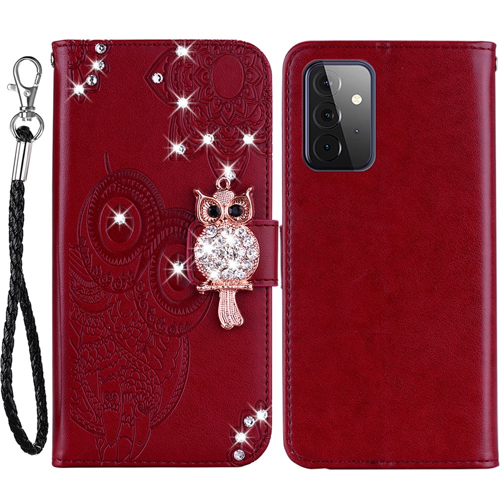 Rhinestone Decor Flip PU Leather Magnetic Clasp Case Wallet Stand Owl Flower Imprinted Shell Cover with Strap for Samsung Galaxy A33 5G - Red-1