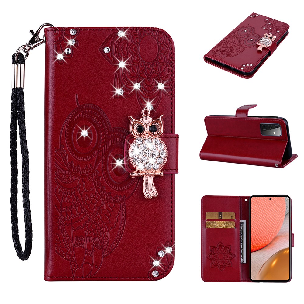 Rhinestone Decor Flip PU Leather Magnetic Clasp Case Wallet Stand Owl Flower Imprinted Shell Cover with Strap for Samsung Galaxy A33 5G - Red-7
