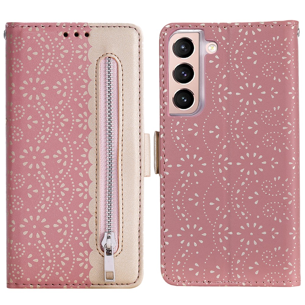 Drop-resistant Lace Leather Case Zipper Wallet Stand Phone Cover with Bowknot Strap for Samsung Galaxy S22+ 5G - Pink-1