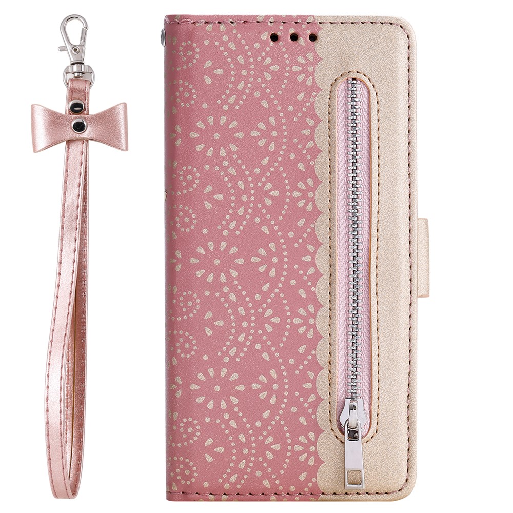 Drop-resistant Lace Leather Case Zipper Wallet Stand Phone Cover with Bowknot Strap for Samsung Galaxy S22+ 5G - Pink-2