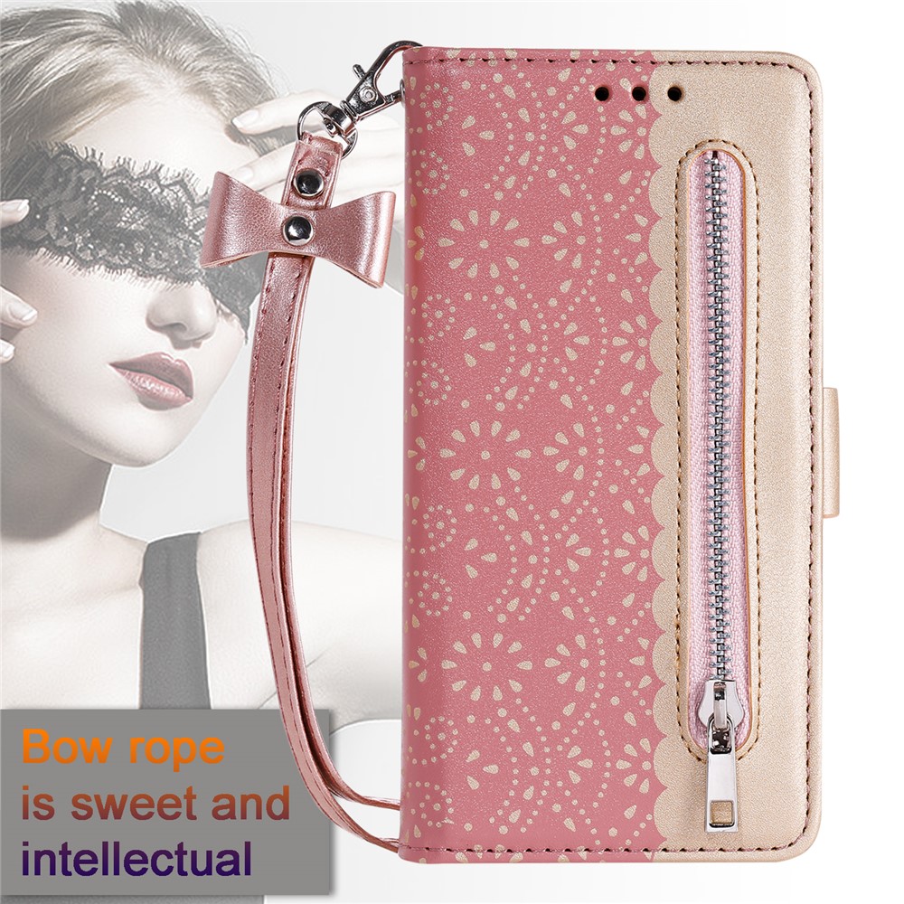 Drop-resistant Lace Leather Case Zipper Wallet Stand Phone Cover with Bowknot Strap for Samsung Galaxy S22+ 5G - Pink-7