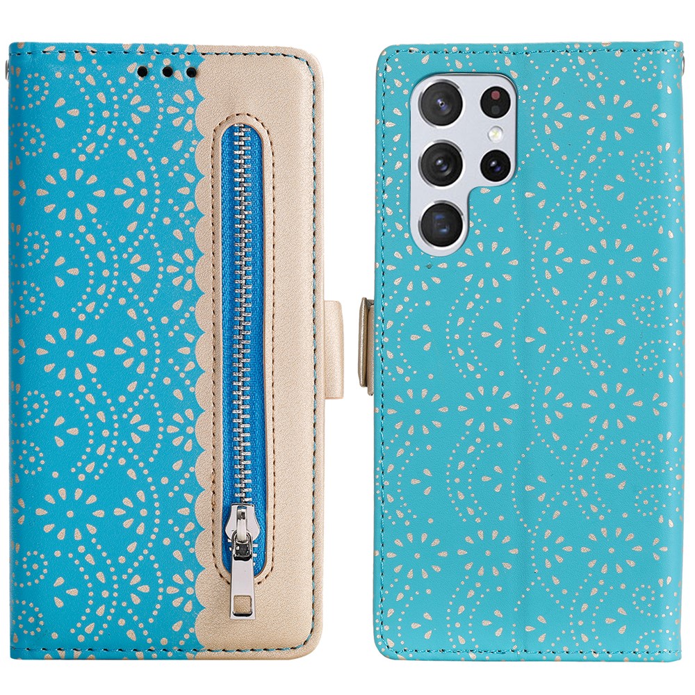All-round Protection Lace Leather Case Zipper Wallet Stand Phone Cover with Bowknot Strap for Samsung Galaxy S22 Ultra 5G - Blue-1