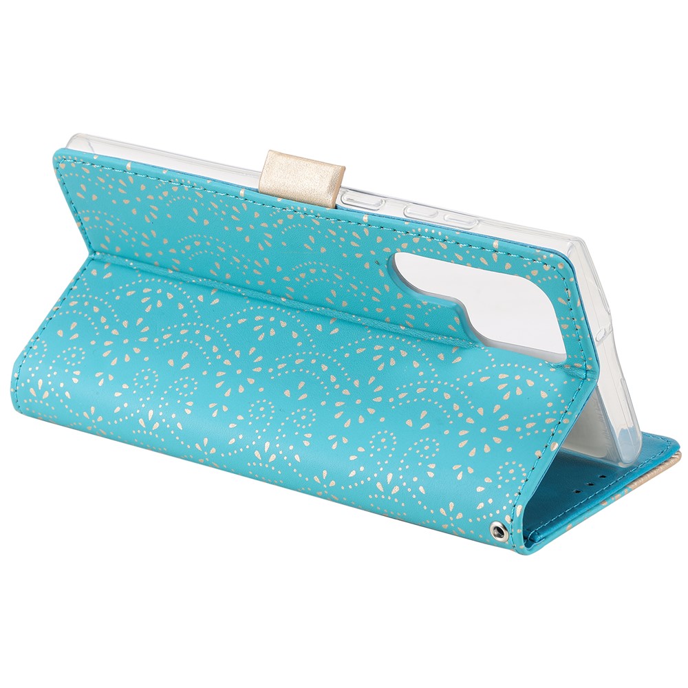 All-round Protection Lace Leather Case Zipper Wallet Stand Phone Cover with Bowknot Strap for Samsung Galaxy S22 Ultra 5G - Blue-6