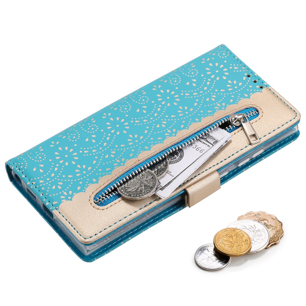 All-round Protection Lace Leather Case Zipper Wallet Stand Phone Cover with Bowknot Strap for Samsung Galaxy S22 Ultra 5G - Blue-8