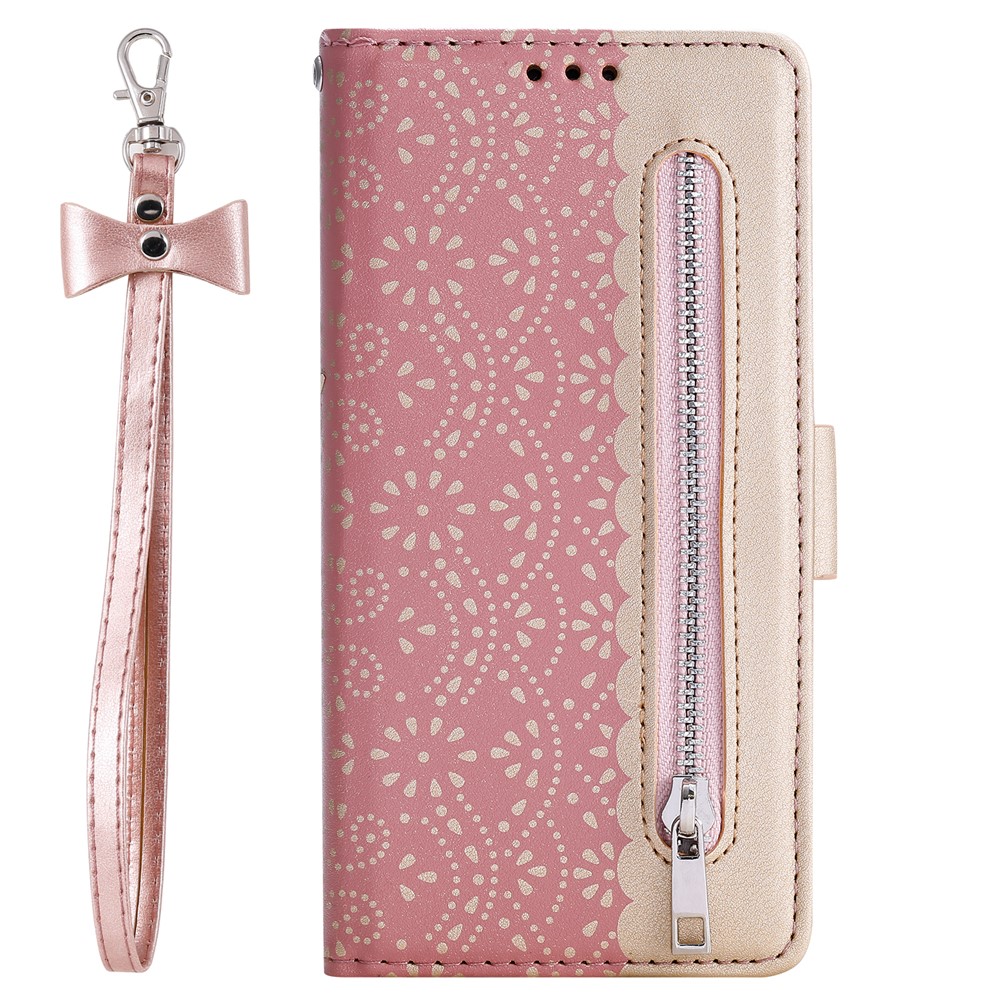 Full Protective Anti-drop Zipper Wallet Stand Lace Leather Case with Bowknot Carrying Strap for Samsung Galaxy A73 5G - Pink-2