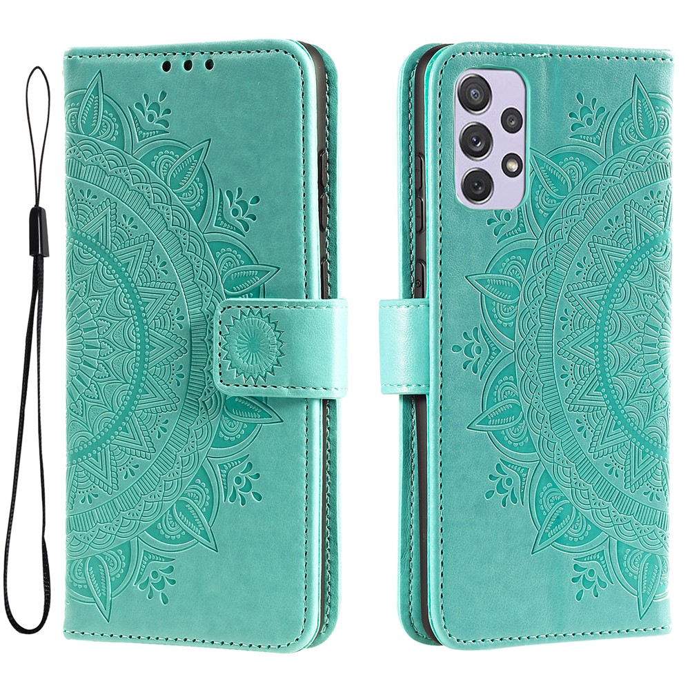 Imprinted Mandala Flower Stand Wallet Function PU Leather Phone Folio Flip Cover Case with Strap for Samsung Galaxy A73 5G - Green-1
