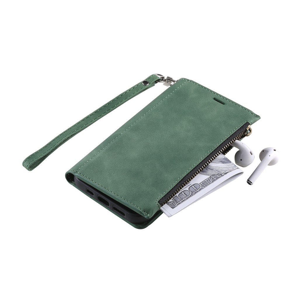 Full Protection Zipper Pocket Wallet Design PU Leather Phone Case Cover with Kickstand for Samsung Galaxy S22 5G - Green-10