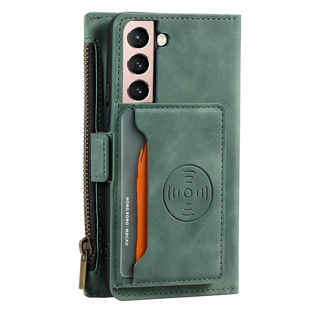 Full Protection Zipper Pocket Wallet Design PU Leather Phone Case Cover with Kickstand for Samsung Galaxy S22 5G - Green-3