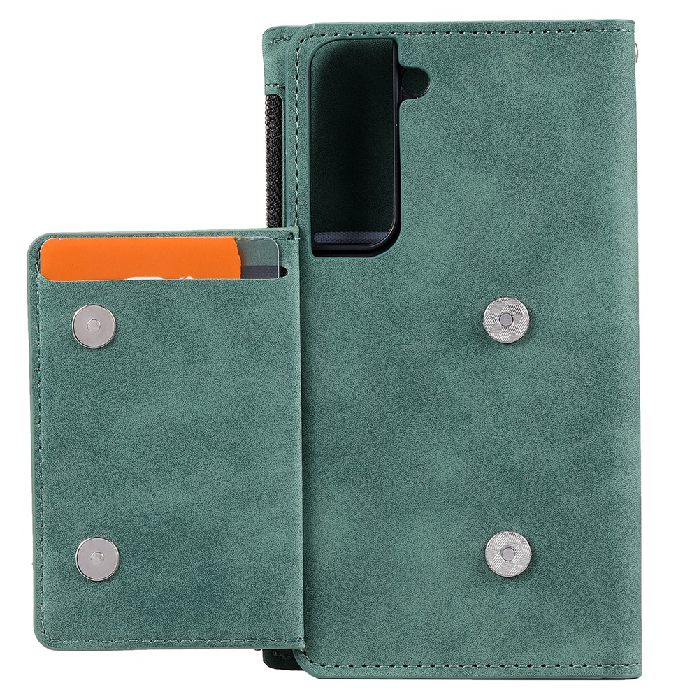 Full Protection Zipper Pocket Wallet Design PU Leather Phone Case Cover with Kickstand for Samsung Galaxy S22 5G - Green-4