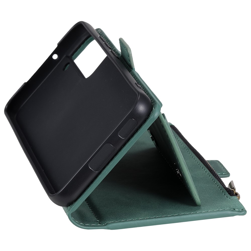 Full Protection Zipper Pocket Wallet Design PU Leather Phone Case Cover with Kickstand for Samsung Galaxy S22 5G - Green-6