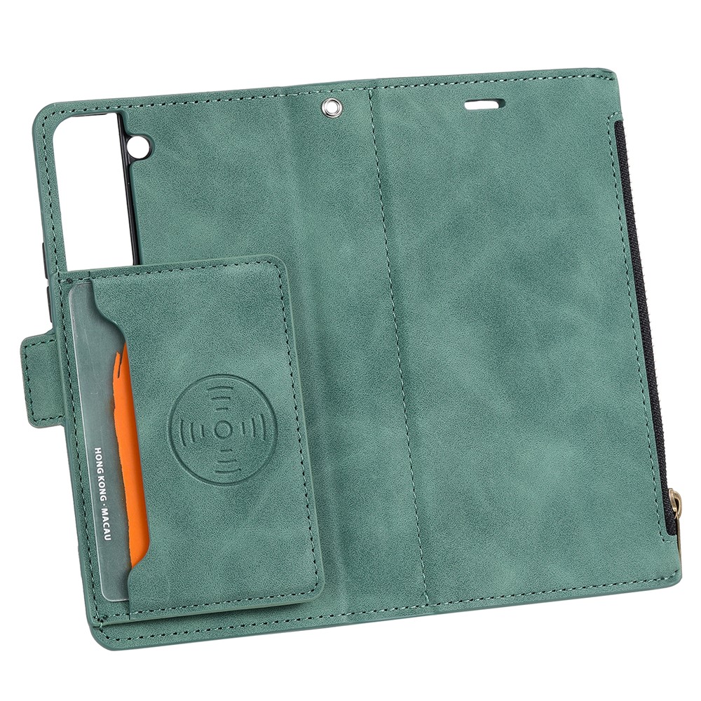 Full Protection Zipper Pocket Wallet Design PU Leather Phone Case Cover with Kickstand for Samsung Galaxy S22 5G - Green-8