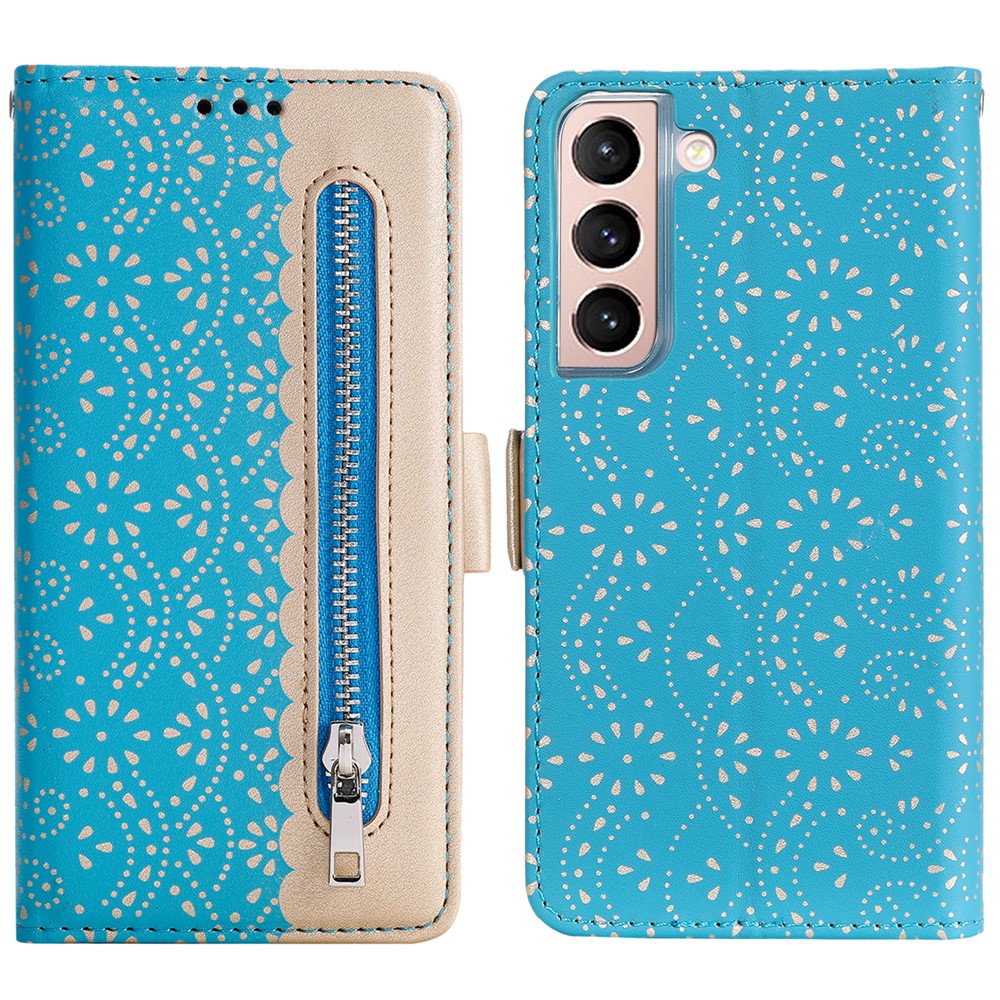Shock-absorption Lace Leather Case Zipper Wallet Stand Phone Cover with Bowknot Strap for Samsung Galaxy S22 5G - Blue-1