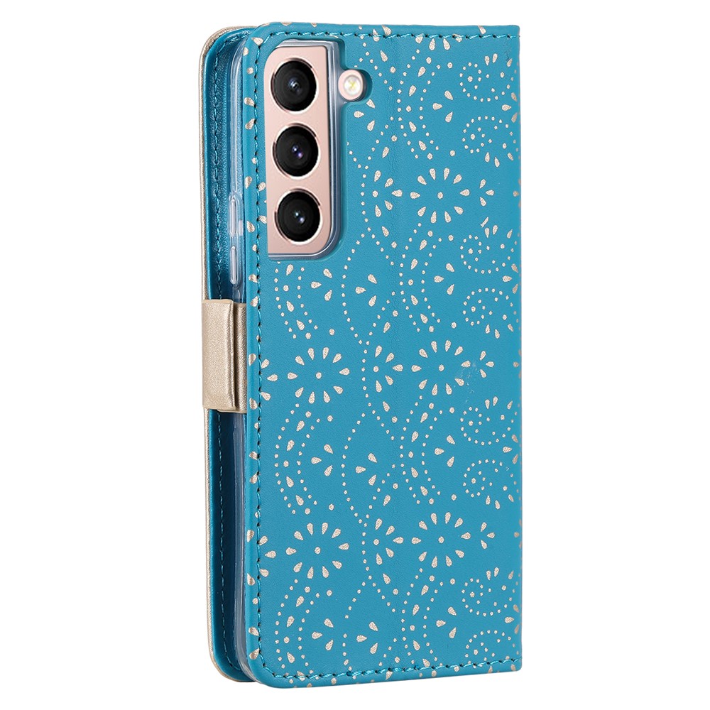 Shock-absorption Lace Leather Case Zipper Wallet Stand Phone Cover with Bowknot Strap for Samsung Galaxy S22 5G - Blue-3