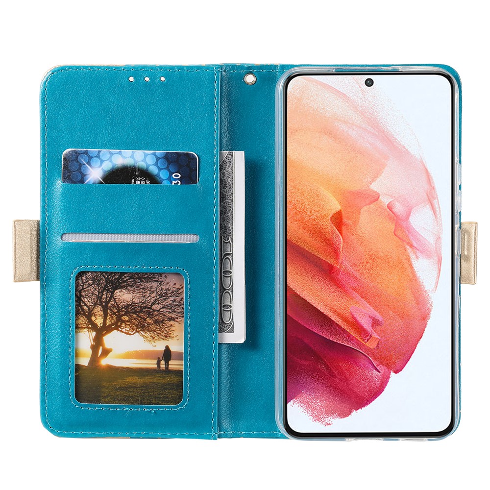 Shock-absorption Lace Leather Case Zipper Wallet Stand Phone Cover with Bowknot Strap for Samsung Galaxy S22 5G - Blue-4