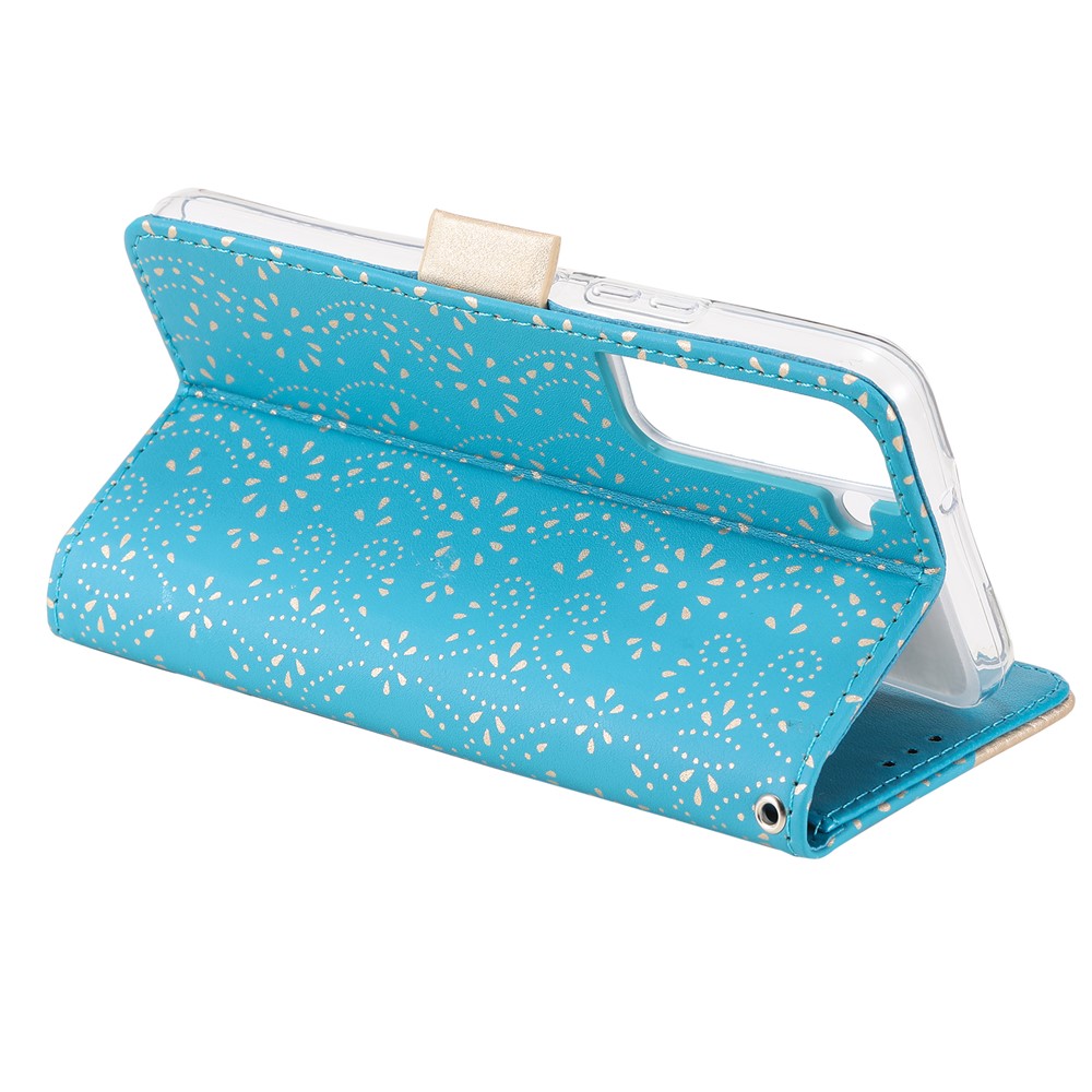 Shock-absorption Lace Leather Case Zipper Wallet Stand Phone Cover with Bowknot Strap for Samsung Galaxy S22 5G - Blue-8