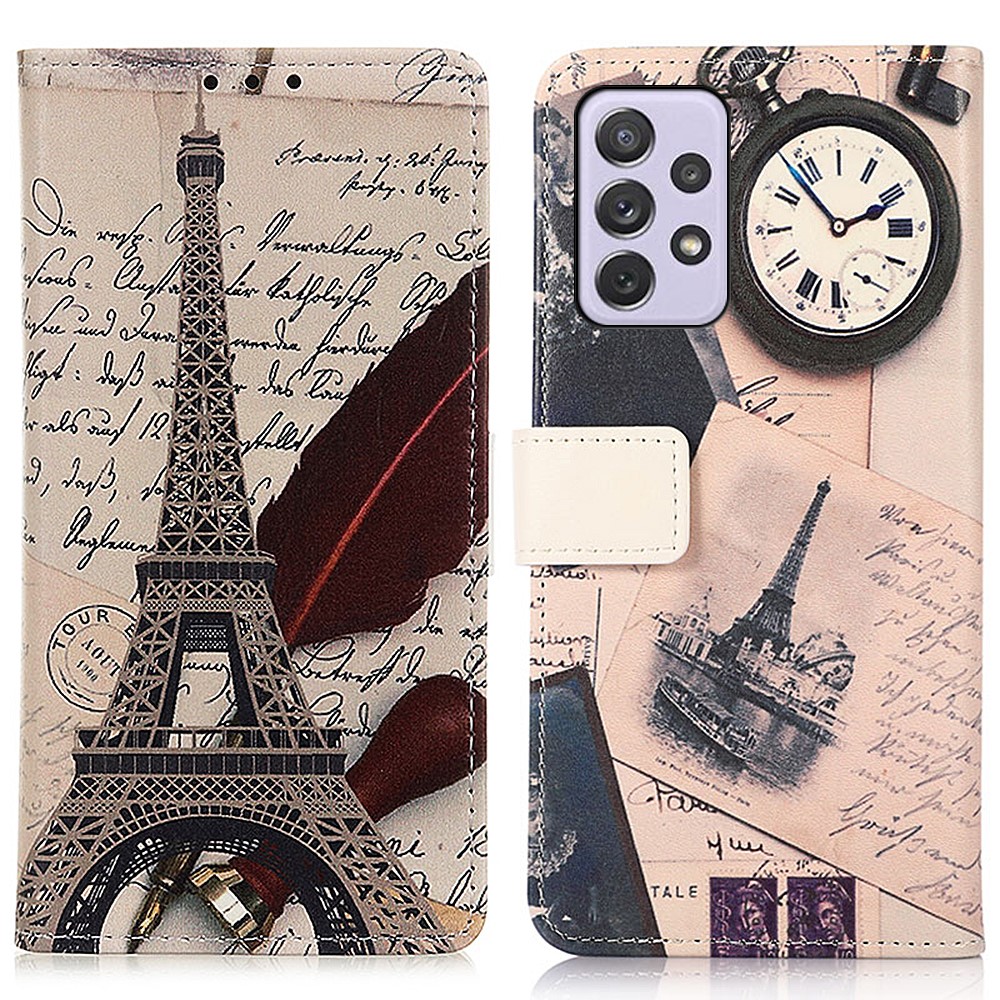 Pattern Printing PU Leather Wallet Phone Case Stand Shockproof Inner TPU Flip Magnetic Cover for Samsung Galaxy A73 5G - Eiffel Tower and Feather-1