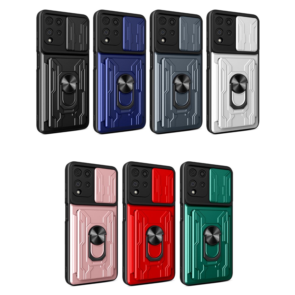 Anti-scratch Drop-proof Card Holder PC + TPU Slide Lens Protection Case with Car Mount Kickstand for Samsung Galaxy A22 4G (EU Version) - Red-10