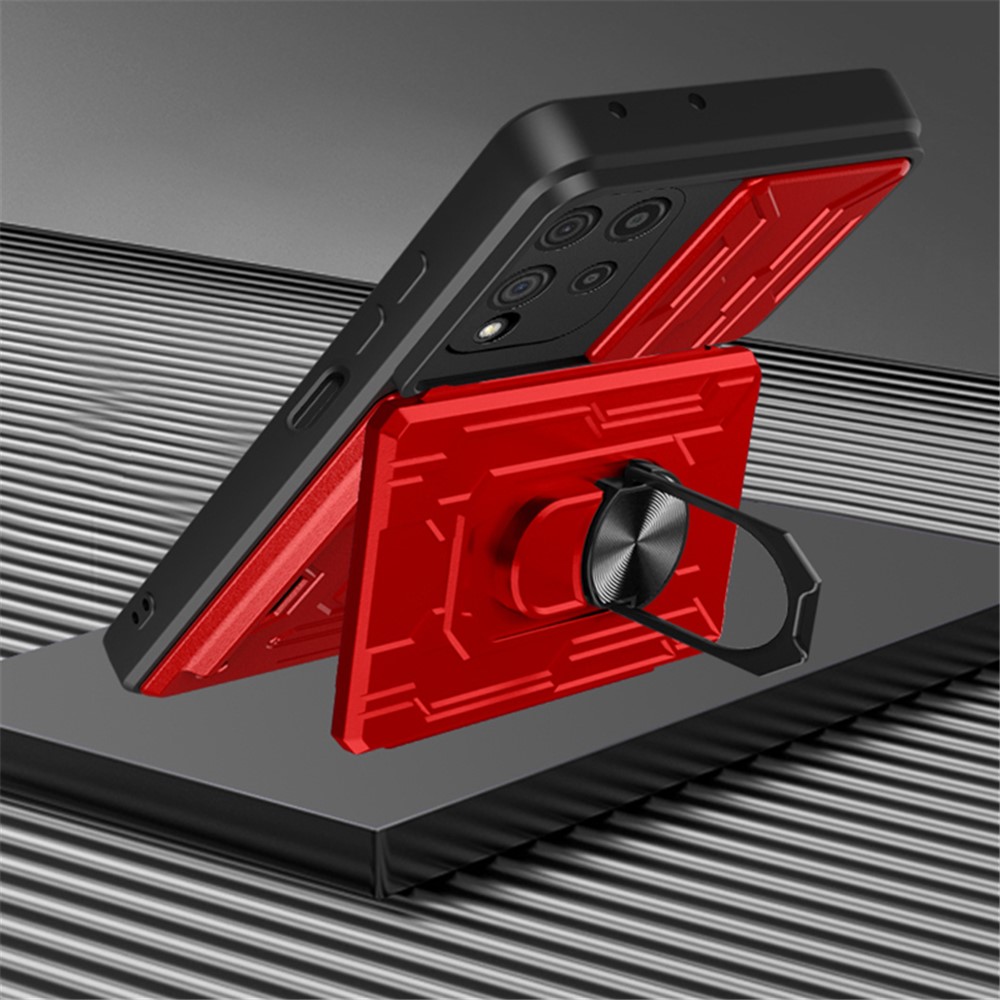 Anti-scratch Drop-proof Card Holder PC + TPU Slide Lens Protection Case with Car Mount Kickstand for Samsung Galaxy A22 4G (EU Version) - Red-6