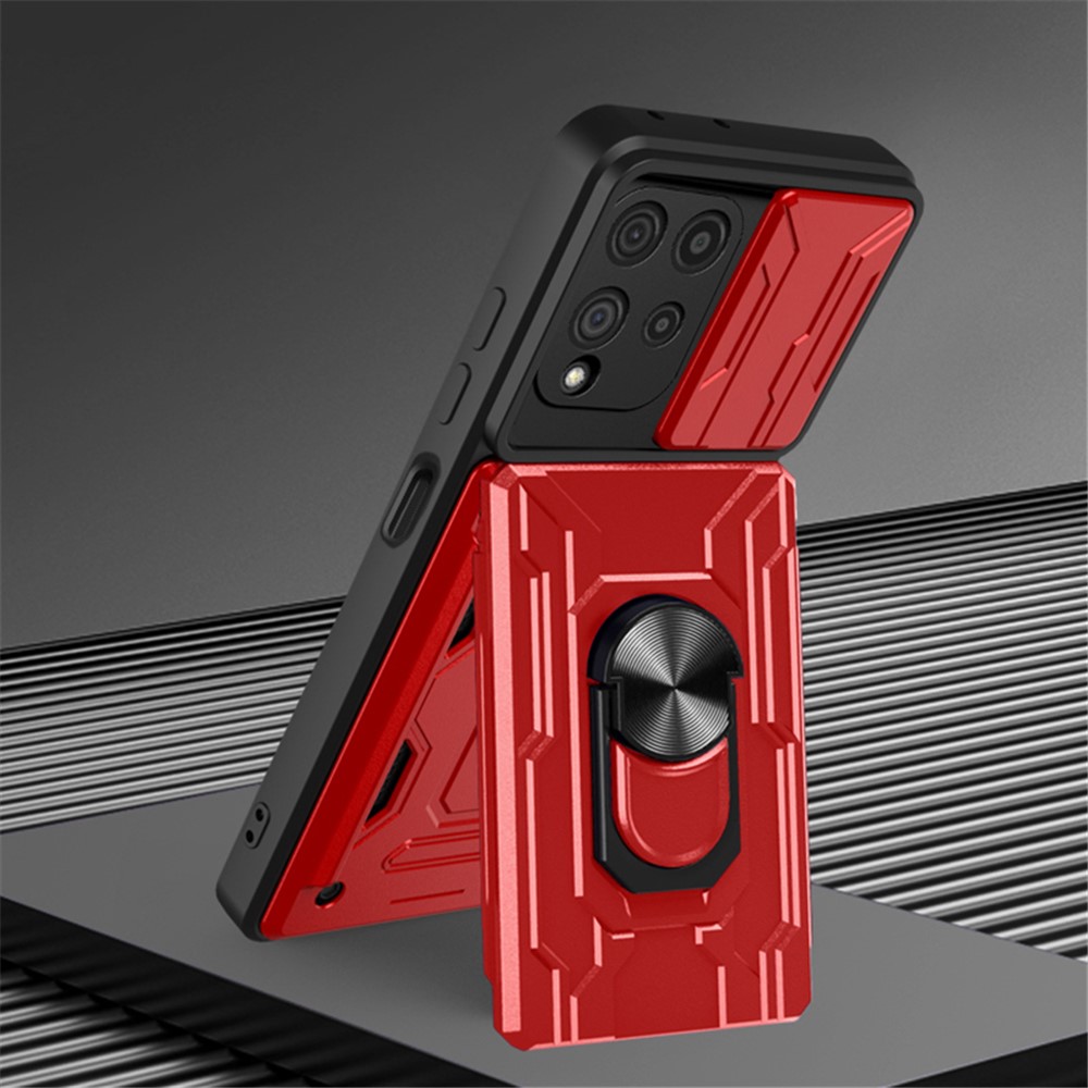 Anti-scratch Drop-proof Card Holder PC + TPU Slide Lens Protection Case with Car Mount Kickstand for Samsung Galaxy A22 4G (EU Version) - Red-7