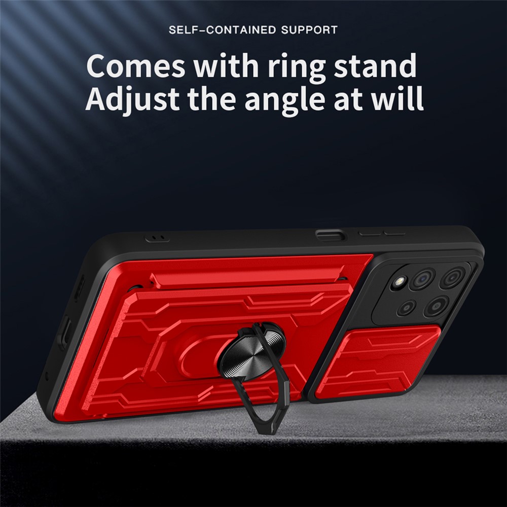 Anti-scratch Drop-proof Card Holder PC + TPU Slide Lens Protection Case with Car Mount Kickstand for Samsung Galaxy A22 4G (EU Version) - Red-8