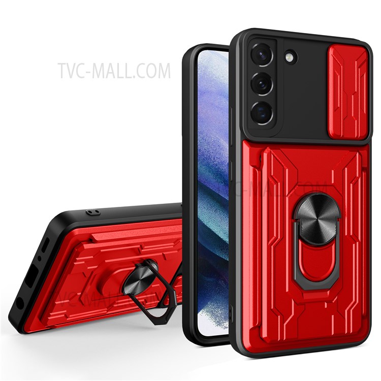 Car Mount Kickstand Drop-proof Card Holder PC + TPU Slide Lens Protection Case for Samsung Galaxy S22 5G - Red-1