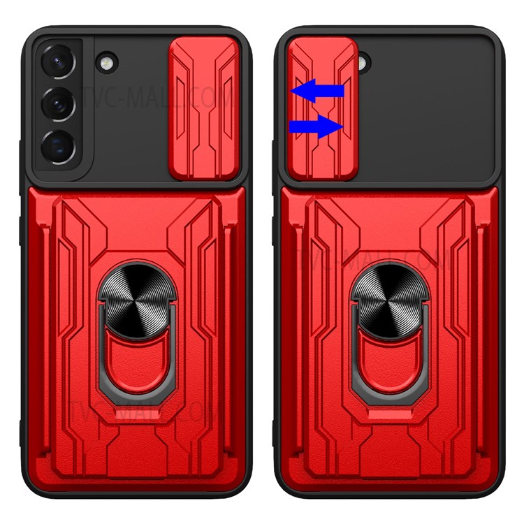 Car Mount Kickstand Drop-proof Card Holder PC + TPU Slide Lens Protection Case for Samsung Galaxy S22 5G - Red-3