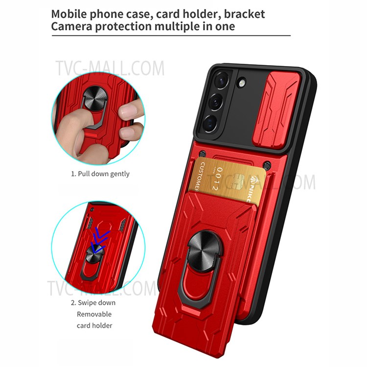 Car Mount Kickstand Drop-proof Card Holder PC + TPU Slide Lens Protection Case for Samsung Galaxy S22 5G - Red-4