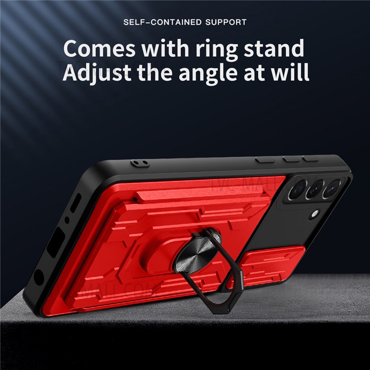 Car Mount Kickstand Drop-proof Card Holder PC + TPU Slide Lens Protection Case for Samsung Galaxy S22 5G - Red-8