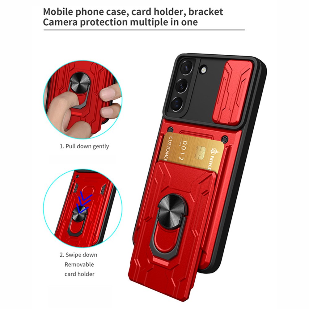 Anti-scratch Shockproof Car Mount Kickstand Card Holder PC + TPU Slide Lens Protection Case for Samsung Galaxy S22+ 5G - Red-4