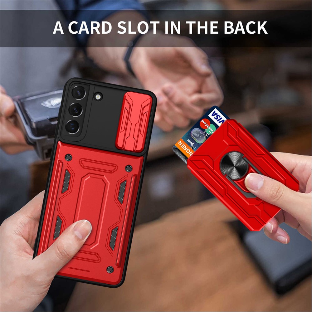 Anti-scratch Shockproof Car Mount Kickstand Card Holder PC + TPU Slide Lens Protection Case for Samsung Galaxy S22+ 5G - Red-5