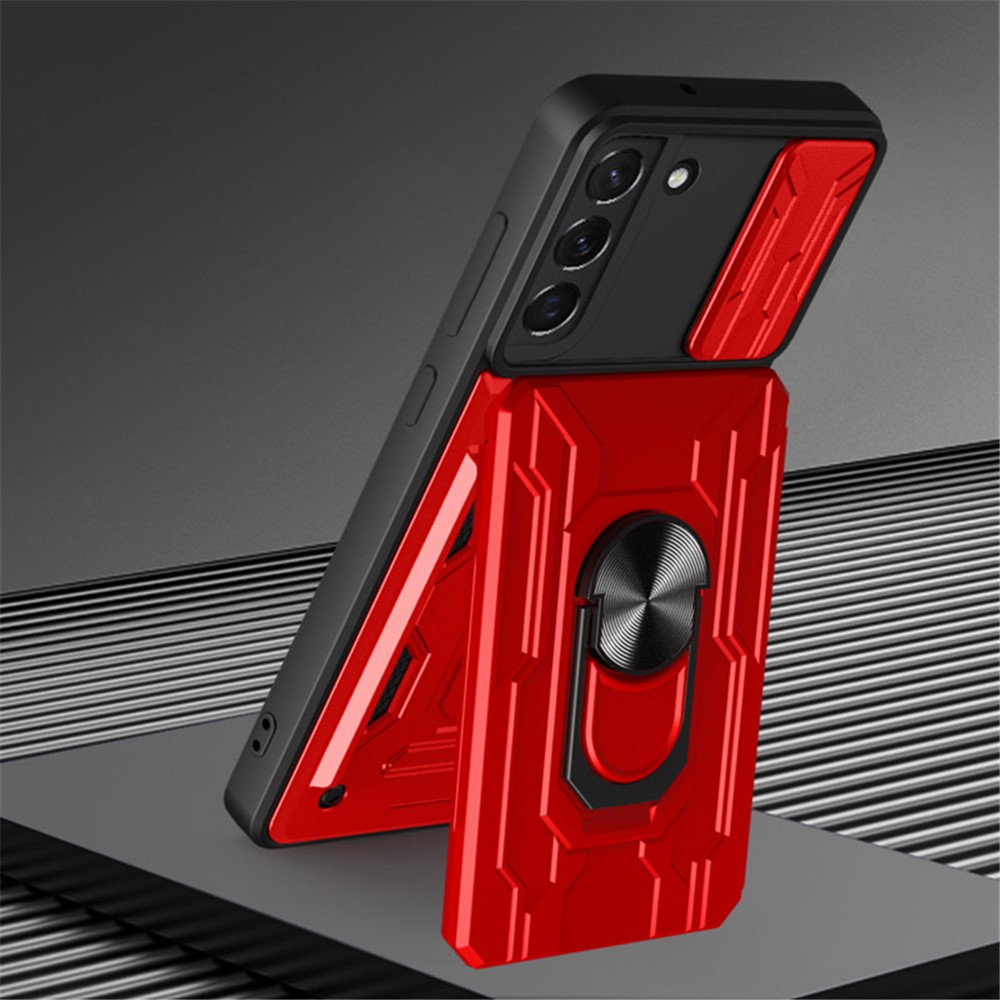 Anti-scratch Shockproof Car Mount Kickstand Card Holder PC + TPU Slide Lens Protection Case for Samsung Galaxy S22+ 5G - Red-6
