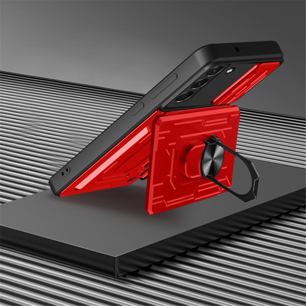 Anti-scratch Shockproof Car Mount Kickstand Card Holder PC + TPU Slide Lens Protection Case for Samsung Galaxy S22+ 5G - Red-7