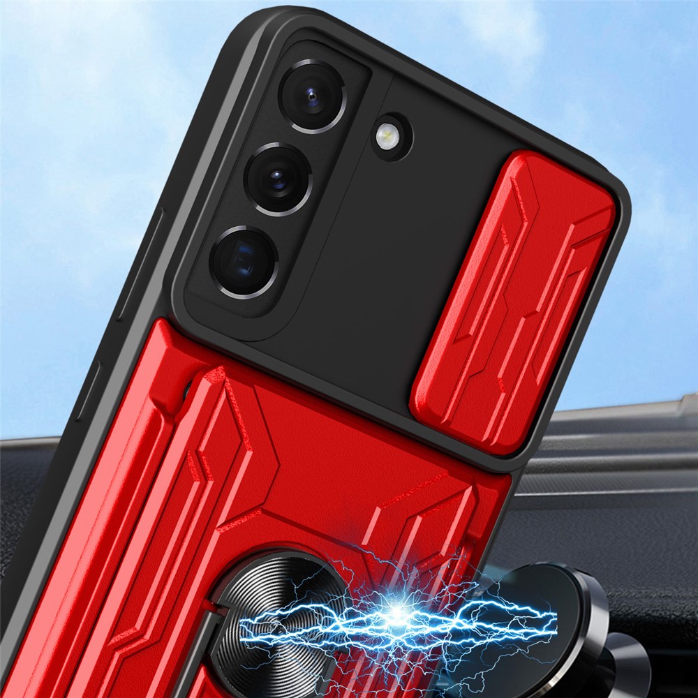 Anti-scratch Shockproof Car Mount Kickstand Card Holder PC + TPU Slide Lens Protection Case for Samsung Galaxy S22+ 5G - Red-9