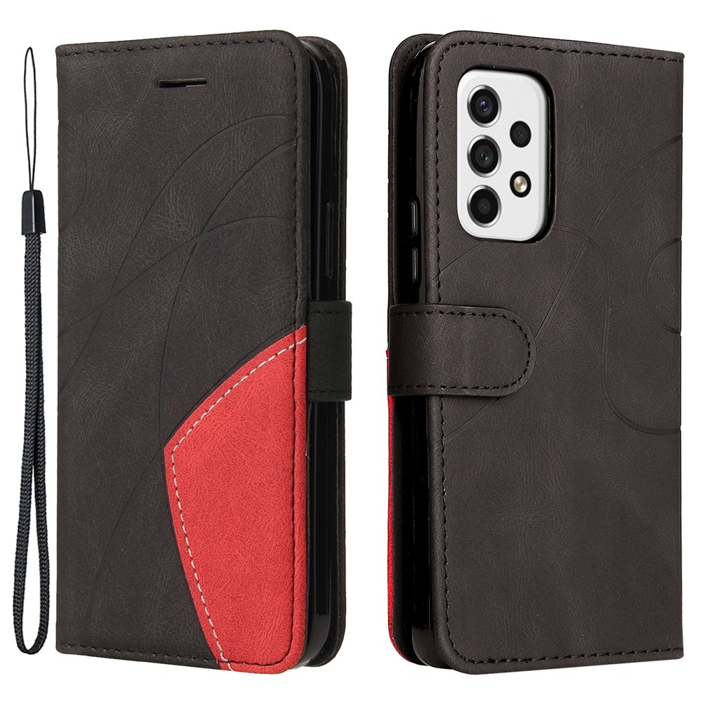 Dual-color Splicing PU Leather Protective Case Wallet Stand Mobile Phone Cover with Hand Strap for Samsung Galaxy A53 5G - Black-1