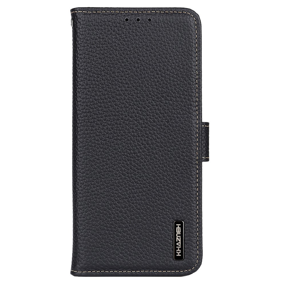 KHAZNEH Litchi Texture Top Layer Genuine Leather Case TPU Inner Wallet Stand Phone Cover for Samsung Galaxy A73 5G - Black-2