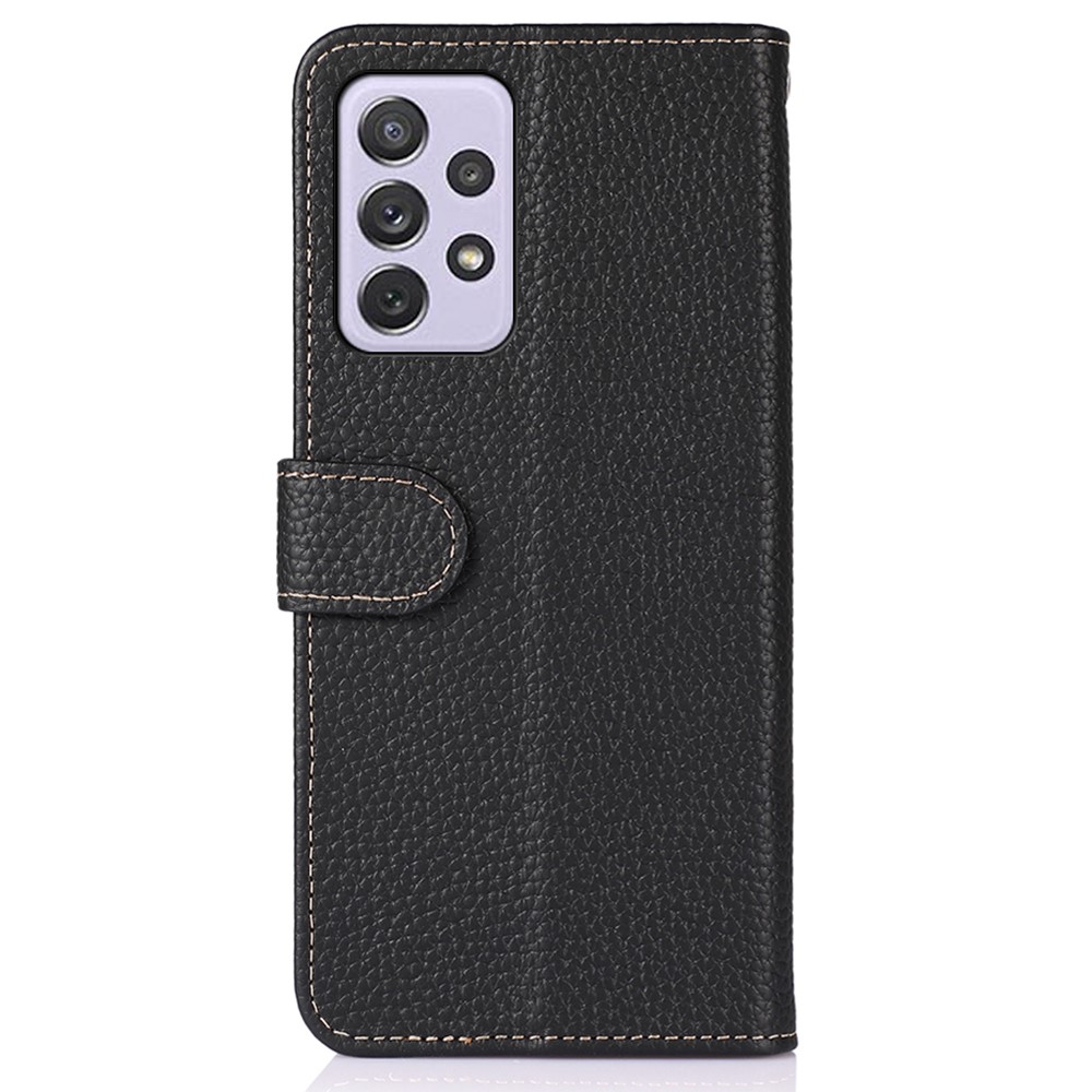 KHAZNEH Litchi Texture Top Layer Genuine Leather Case TPU Inner Wallet Stand Phone Cover for Samsung Galaxy A73 5G - Black-3