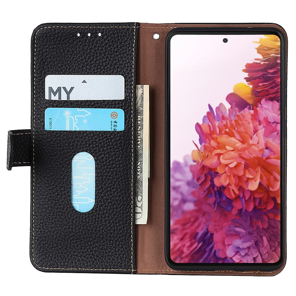 KHAZNEH Litchi Texture Top Layer Genuine Leather Case TPU Inner Wallet Stand Phone Cover for Samsung Galaxy A73 5G - Black-5