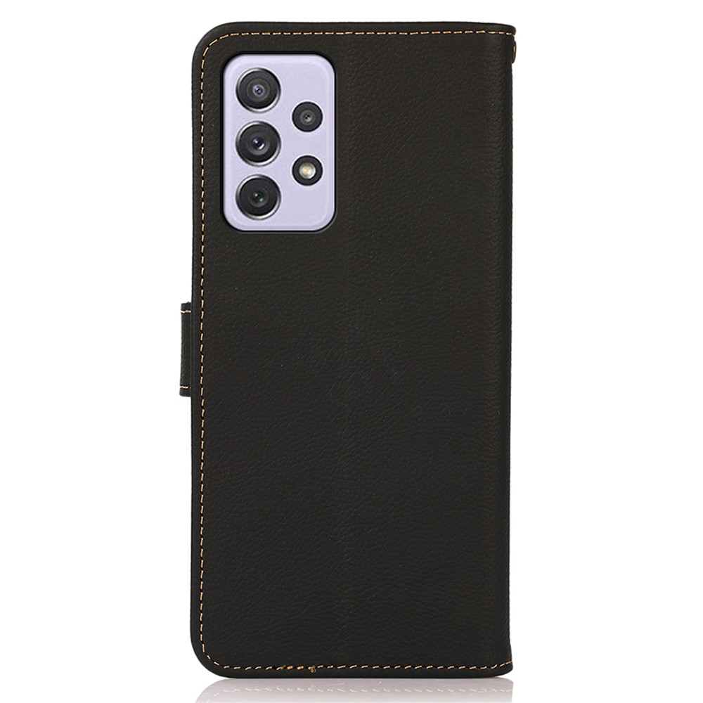KHAZNEH Top Layer Genuine Leather Flip Wallet Phone Case RFID Blocking Stand Shockproof TPU Inner Shell Phone Cover for Samsung Galaxy A73 5G - Black-3