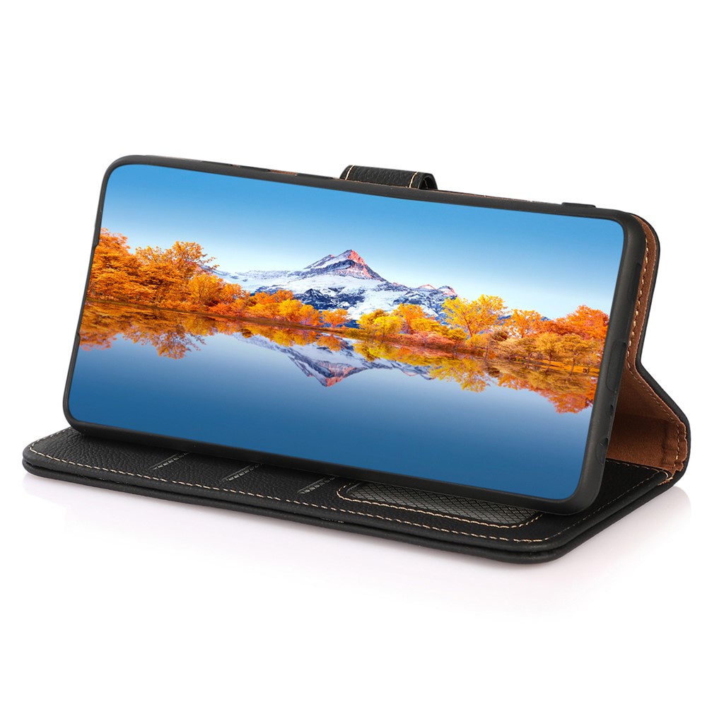 KHAZNEH Top Layer Genuine Leather Flip Wallet Phone Case RFID Blocking Stand Shockproof TPU Inner Shell Phone Cover for Samsung Galaxy A73 5G - Black-4