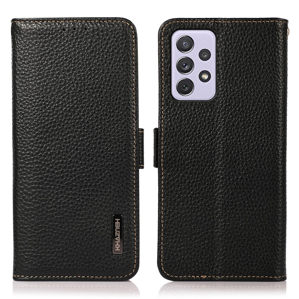 KHAZNEH Protective TPU Inner Shell Litchi Texture Genuine Leather RFID Blocking Wallet Stand Cover for Samsung Galaxy A73 5G - Black-1