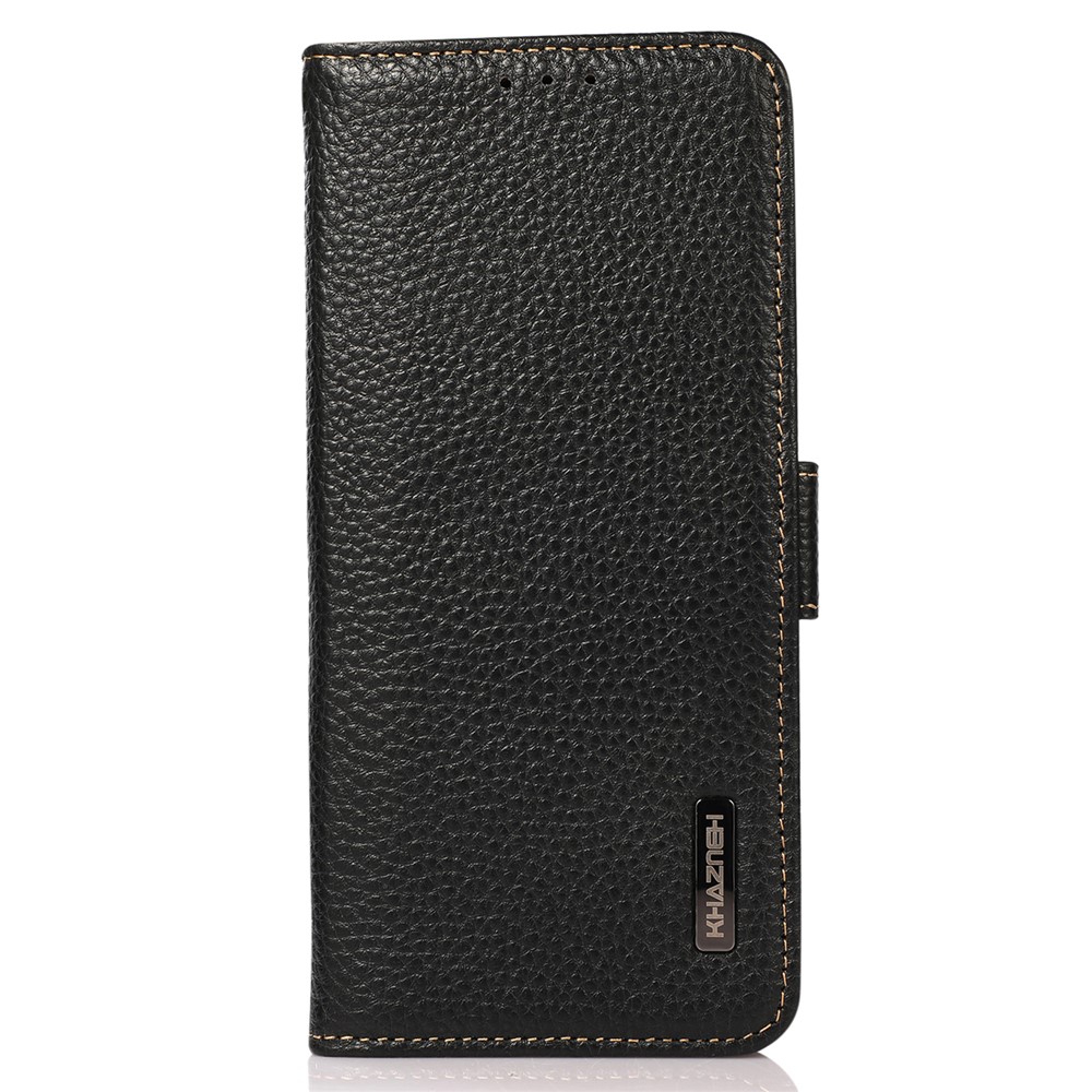 KHAZNEH Protective TPU Inner Shell Litchi Texture Genuine Leather RFID Blocking Wallet Stand Cover for Samsung Galaxy A73 5G - Black-2