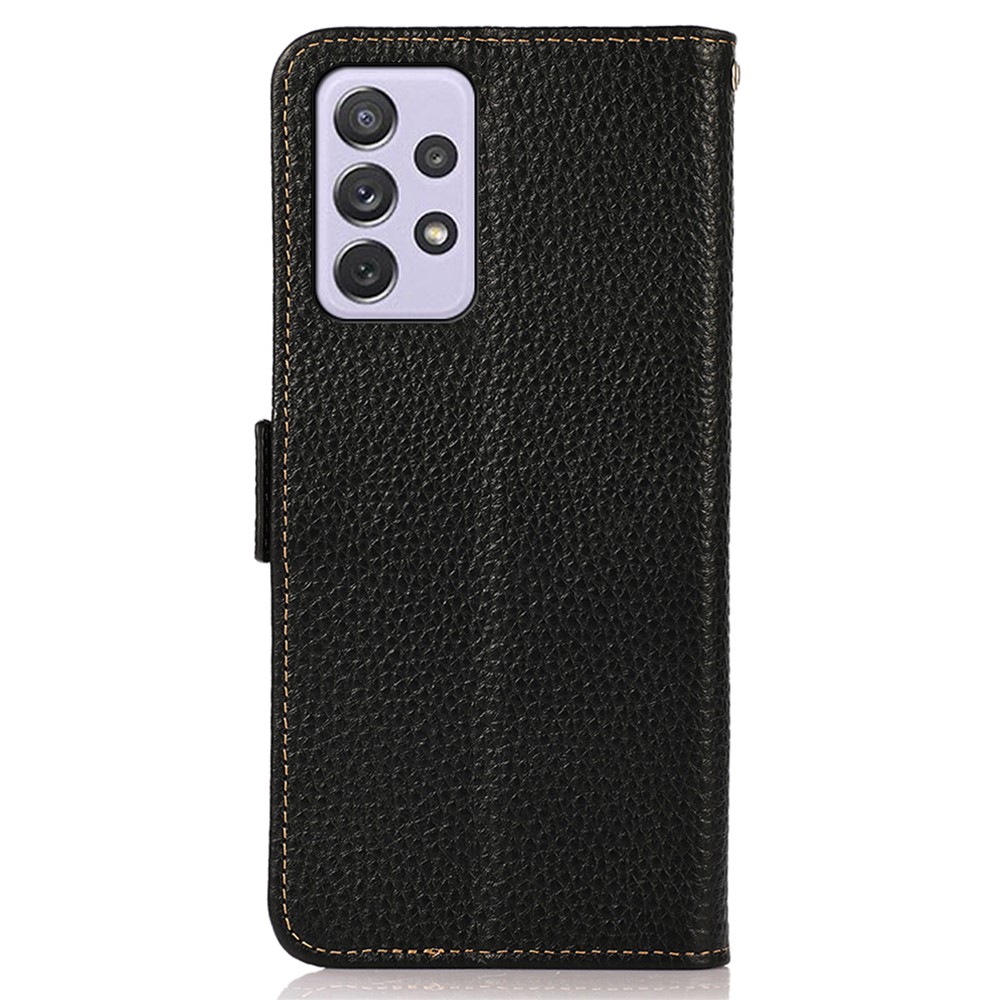KHAZNEH Protective TPU Inner Shell Litchi Texture Genuine Leather RFID Blocking Wallet Stand Cover for Samsung Galaxy A73 5G - Black-3
