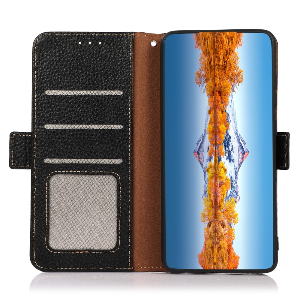 KHAZNEH Protective TPU Inner Shell Litchi Texture Genuine Leather RFID Blocking Wallet Stand Cover for Samsung Galaxy A73 5G - Black-5