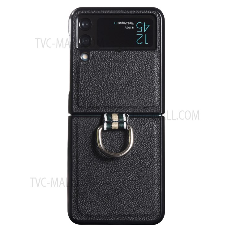 Litchi Texture Genuine Leather Coated Hard PC Phone Case Shell with Metal Finger Ring for Samsung Galaxy Z Flip3 5G - Black-1